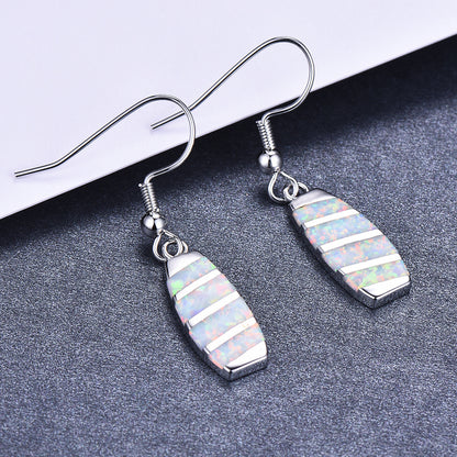Women's Striped Elongated Hook Dangle Earrings, Blue Opal / White Opal Inlay, White Gold Plating