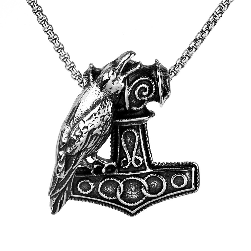 Vintage Stainless Steel Viking Raven and Anchor Combo Pendant Necklace for Men