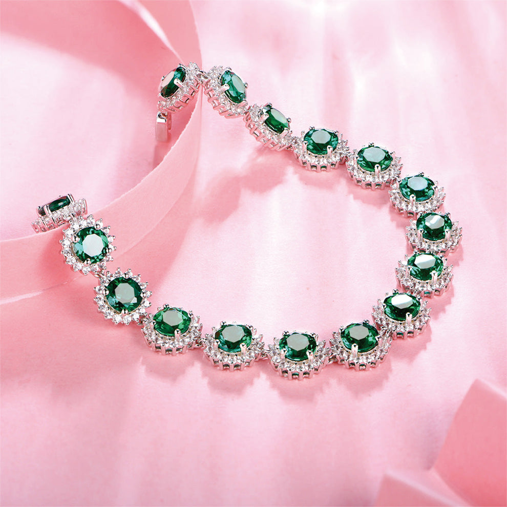 Women's Sterling Silver Round Cut Emerald Gem Retro Tennis Bracelet with Worldwide Setting Stones
