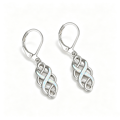 Women's Celtic Knot Hollow Blue & White Opal Leverback Dangle Earrings, White Gold Plating & Rose Gold Plating