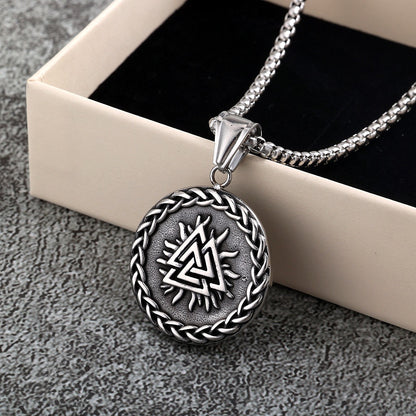 Vintage Nordic Stainless Steel Double Sided Viking Odin Huginn and Muninn Triangle Symbol Pendant Necklace for Men