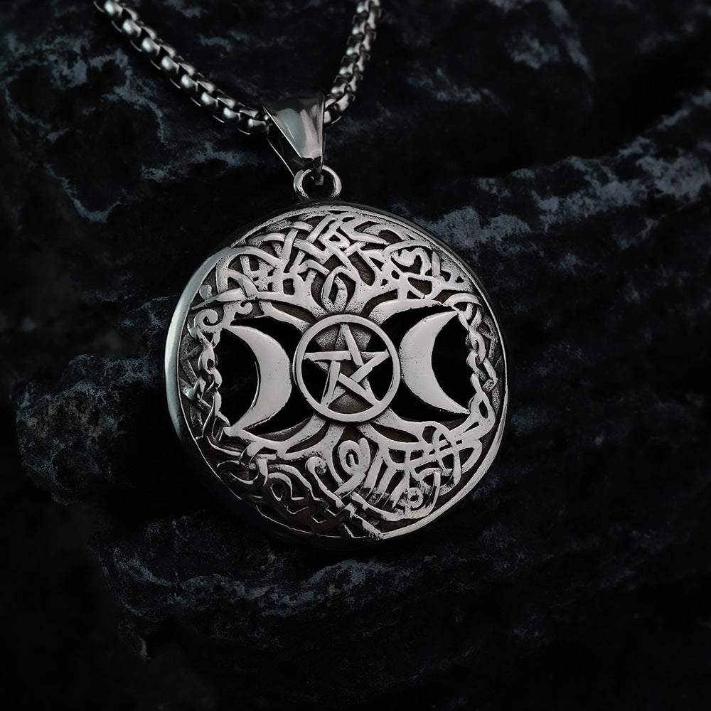 Men's Steel Triple Moon Tree of Life Pentagram Round Tag Pendant Necklace
