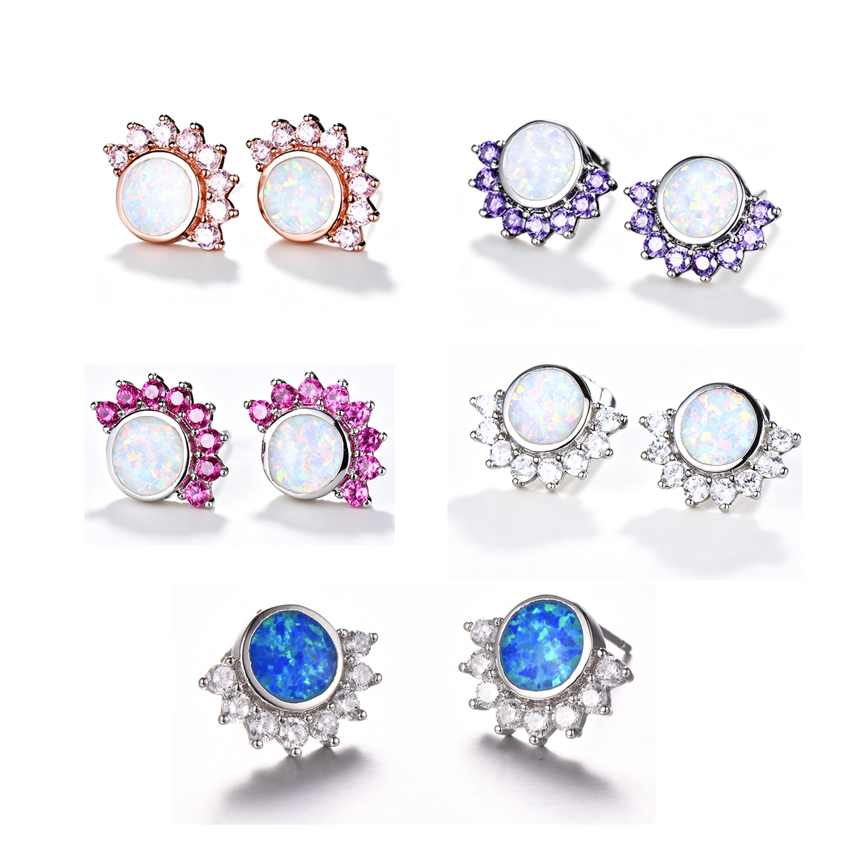 Women's Sunflower Halo White Opal With Color Sapphire Stud Earrings, White Gold Plating & Rose Gold Plating