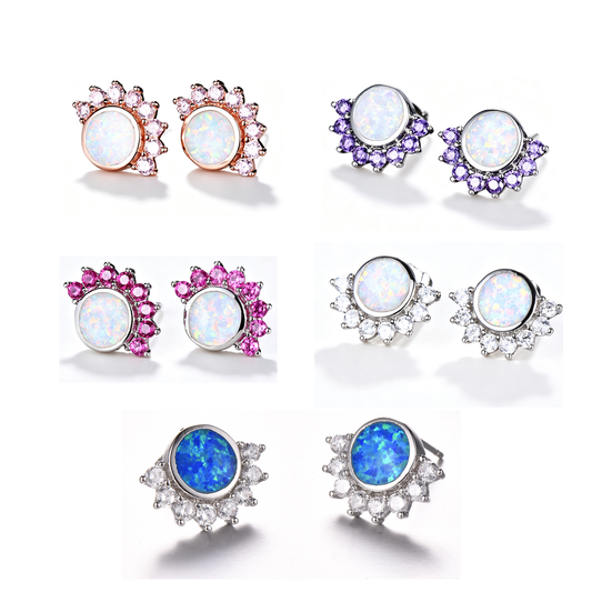 Women's Sunflower Halo White Opal With Color Sapphire Stud Earrings, White Gold Plating & Rose Gold Plating