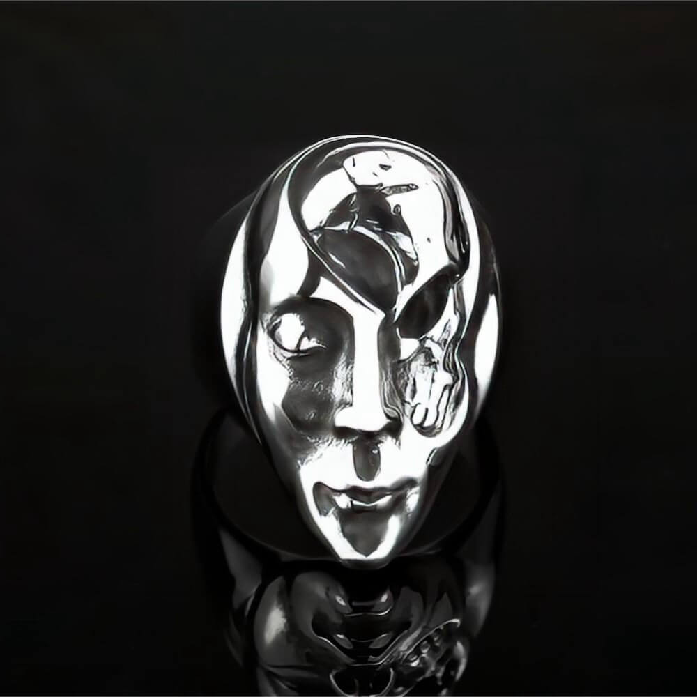 Vintage Solid Stainless Steel 3D Embossed Half Skull Face Punk Band Ring for Men