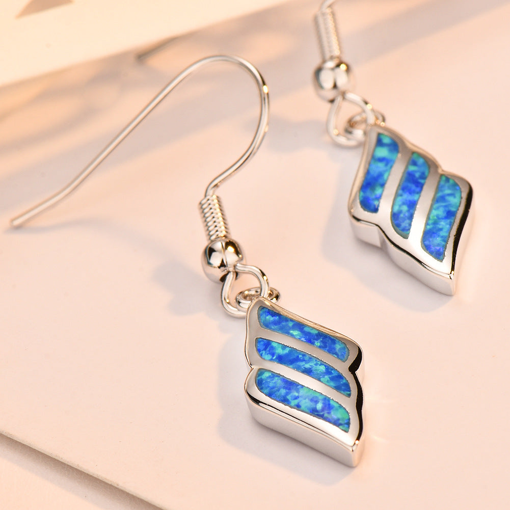 Women's Wing‑Shape Hook Dangle Earrings, Blue Opal Inlay, with White Gold Plating