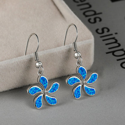 Women's Five‑Petal Flower Blue Opal Fish Hook Dangle Earrings, with White Gold Plating