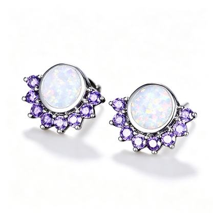 Women's Sunflower Halo White Opal With Color Sapphire Stud Earrings, White Gold Plating & Rose Gold Plating