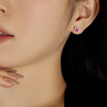 Women's Four‑Leaf Clover Stud Earrings, Round Fuchsia Sapphire Center Stone With Paved Border, S925 with White Gold Plating