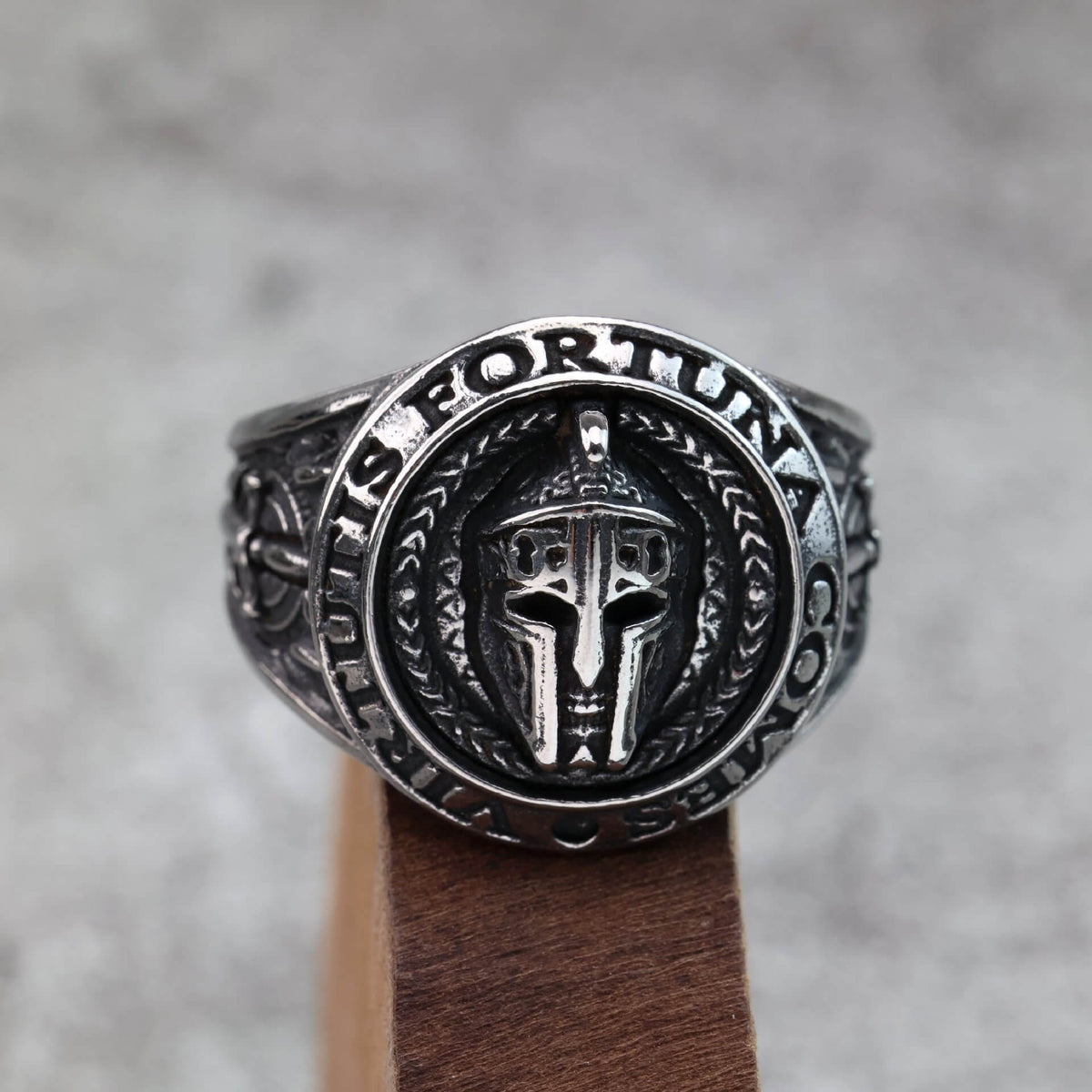 Vintage Stainless Steel Spartan Helmet Ring Engraved Virtutis Fortuna Comes for Men