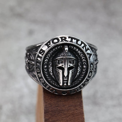 Vintage Stainless Steel Spartan Helmet Ring Engraved Virtutis Fortuna Comes for Men