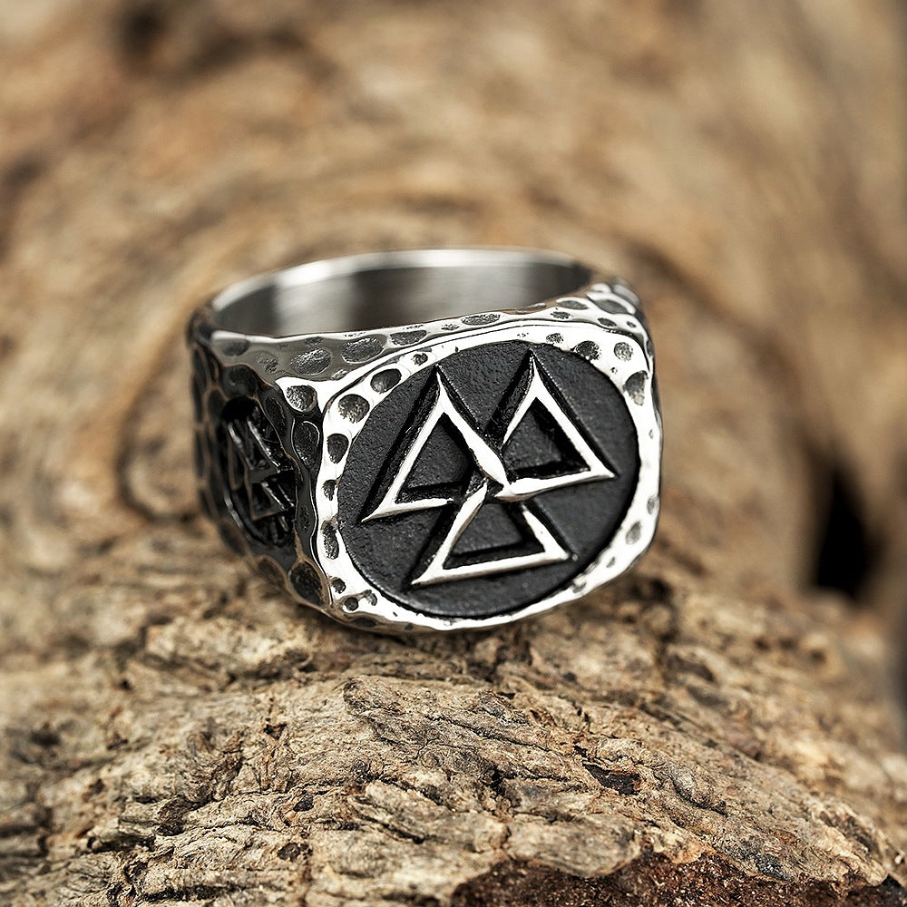 Vintage Antique Oxidized Solid Stainless Steel Hammered Texture Triquetra Celtic Knot Wide Signet Band Ring for Men