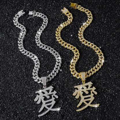 Hip-Hop Chinese Character Love Cuba Chain Pendant Necklace