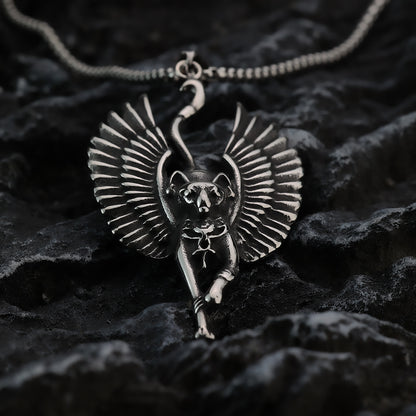 Vintage Stainless Steel Egyptian Cat God Wings Pendant Necklace for Men