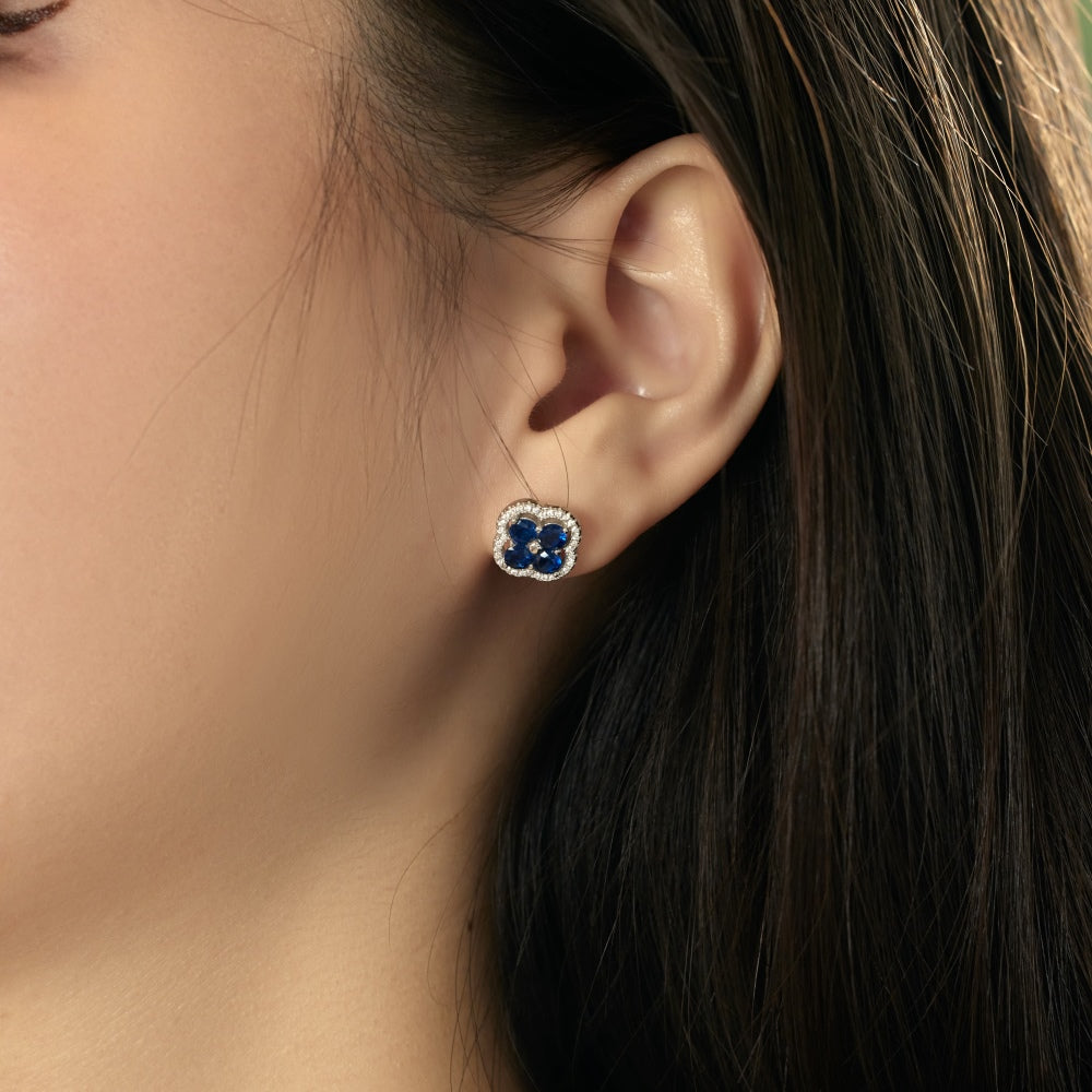 Women's Clover Halo Stud Earrings, Round Blue Sapphire, S925 with White Gold Plating