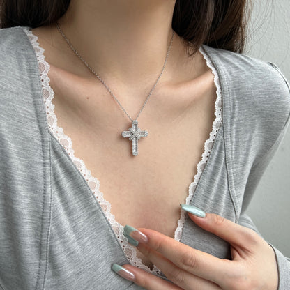 Women's Exquisite High‑end Cross Pendant Necklace, Starry Paved Zirconia Inlay, S925 with White Gold Plating
