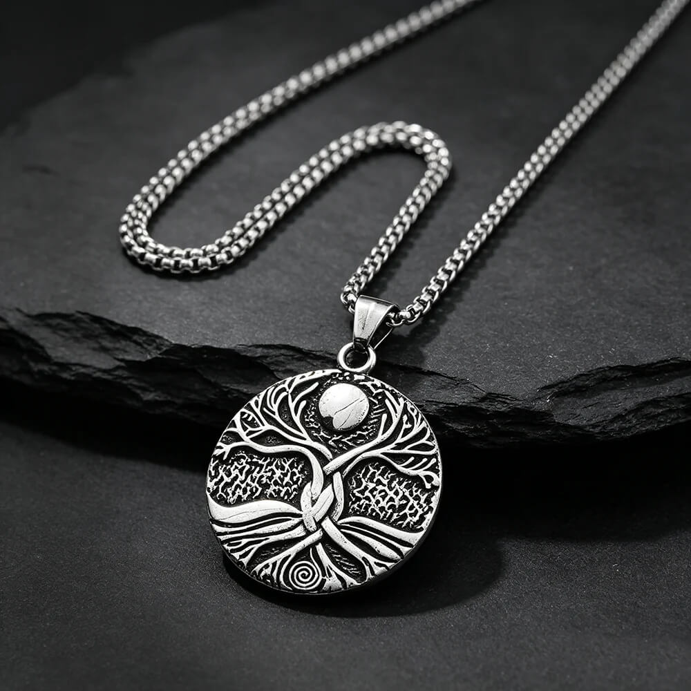 Men's Steel Sun Moon Tree of Life Round Pendant Necklace Retro Street Jewelry