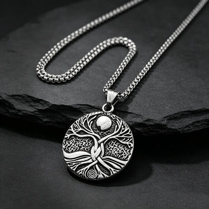 Men's Steel Sun Moon Tree of Life Round Pendant Necklace Retro Street Jewelry