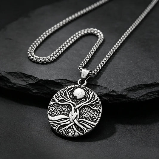Men's Steel Sun Moon Tree of Life Round Pendant Necklace Retro Street Jewelry