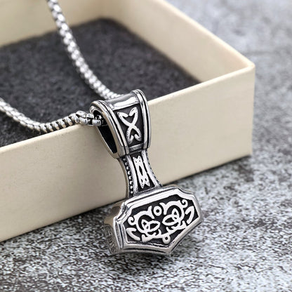 Vintage Antique Oxidized Stainless Steel Men's Viking Mjolnir Rune Totem Pendant Necklace