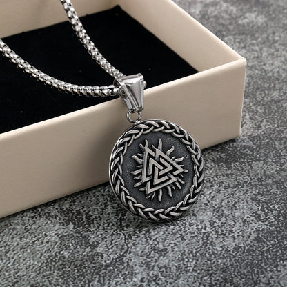 Vintage Nordic Stainless Steel Double Sided Viking Odin Huginn and Muninn Triangle Symbol Pendant Necklace for Men