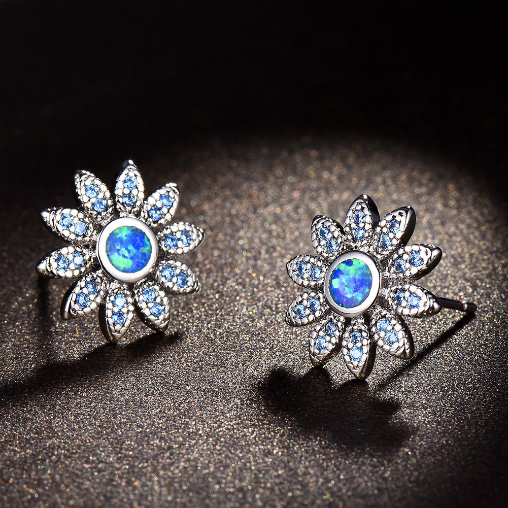 Women's Sunflower‑Shape Stud Earrings, Blue Opal / White Opal Inlay With Zirconia Accents, with White Gold Plating