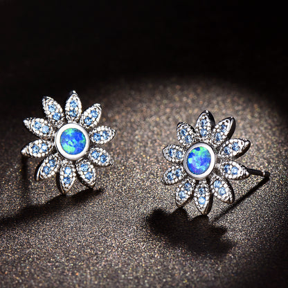 Women's Sunflower‑Shape Stud Earrings, Blue Opal / White Opal Inlay With Zirconia Accents, with White Gold Plating