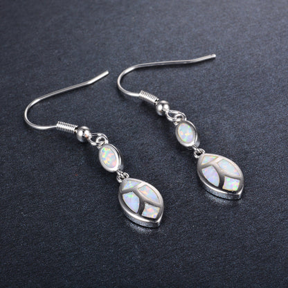 Women's Double‑Layer Leaf Mosaic Blue & White Opal Hook Dangle Earrings, White Gold Plating