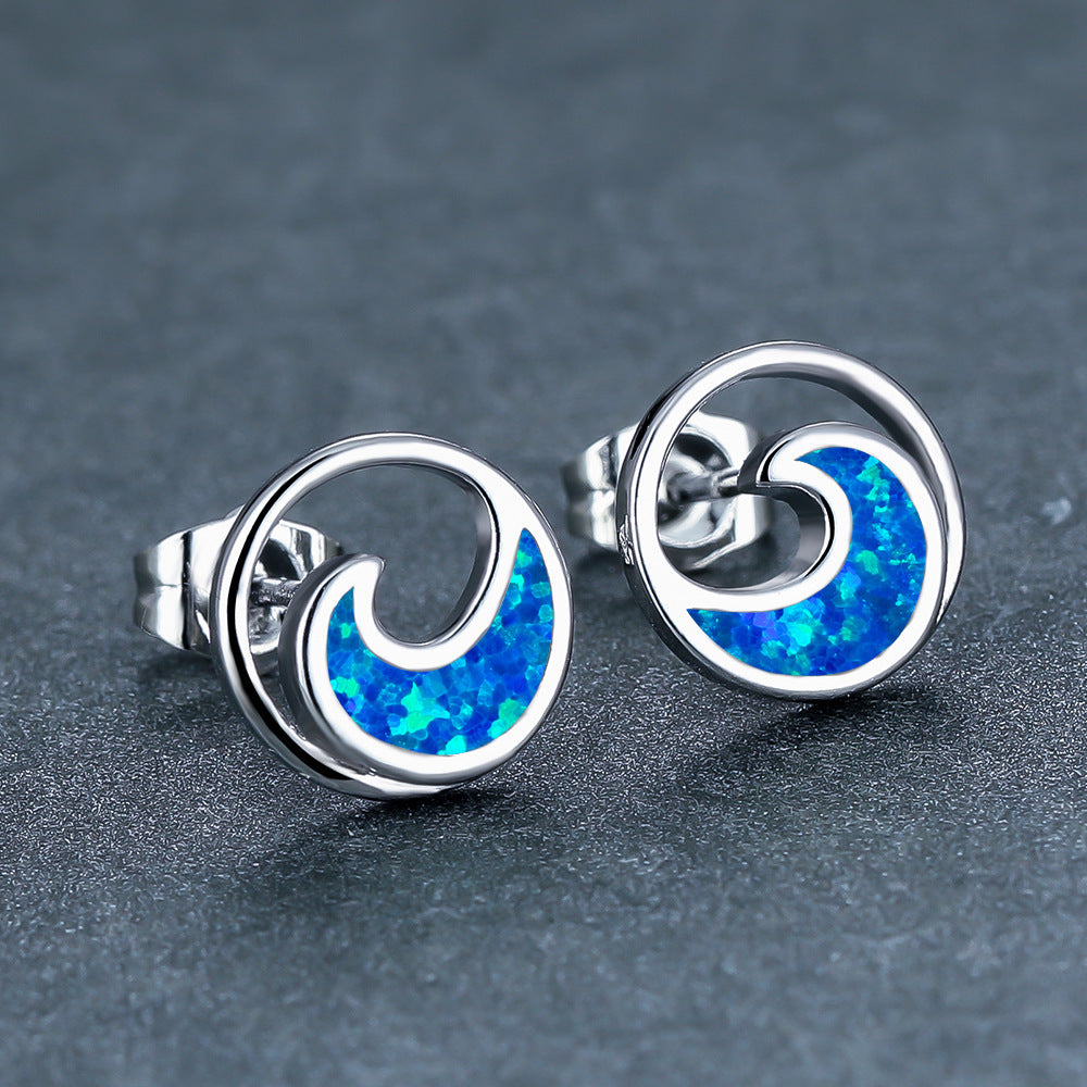Women's Round Ocean Wave Opal Stud Earrings, Inlaid with Blue Opal & White Opal, with White Gold Plating / Gold Plating