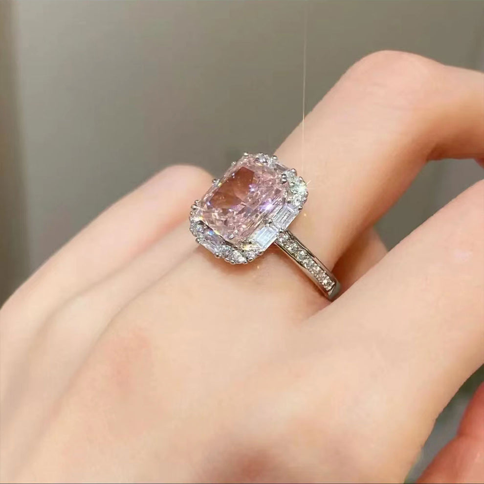 Women's White Gold Rectangle Pink Gem Adjustable Halo Ring