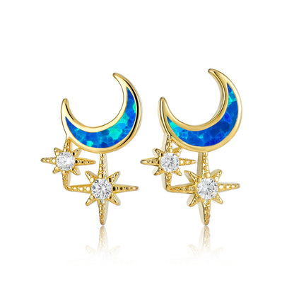 Women's Moon & Star Stud Earrings Inlaid with Blue Opal & White Opal and Round Zirconia