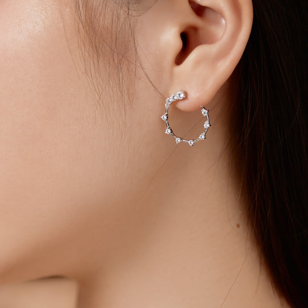 Women's C‑Shape Hoop Earrings, Starry Round Zirconia Paved, S925 with White Gold Plating