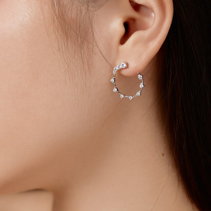 Women's C‑Shape Hoop Earrings, Starry Round Zirconia Paved, S925 with White Gold Plating