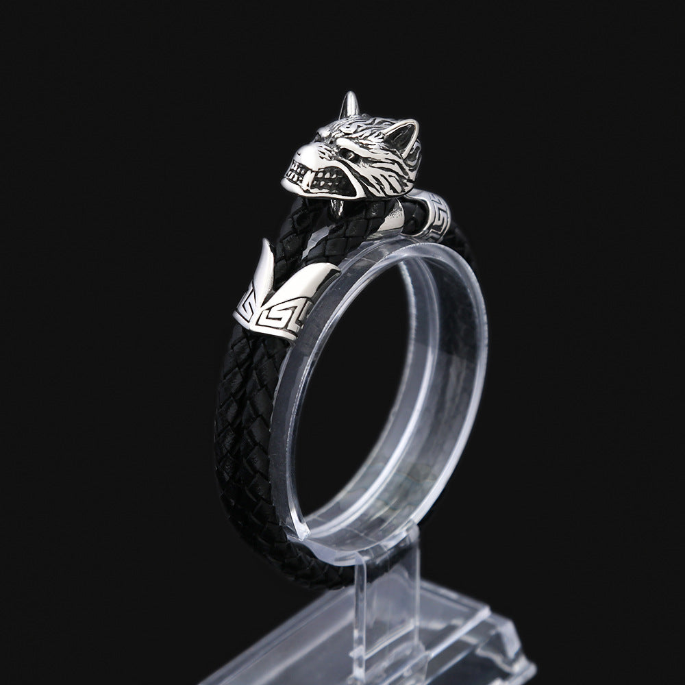 Minimalist Stainless Steel Wolf Head Charm Men Bracelet, Fashion Braided Leather Wrist Jewelry