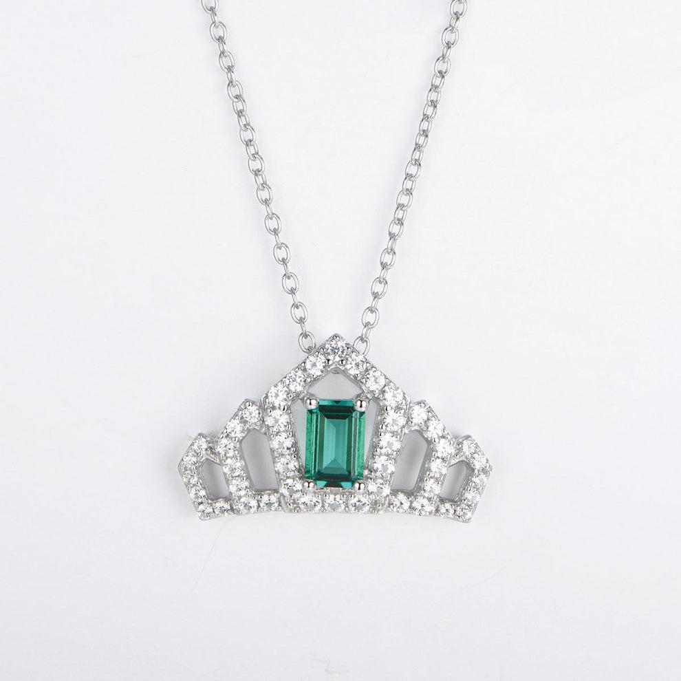 Women's Sterling Silver Necklace with Square Emerald Gem Crown Pendants