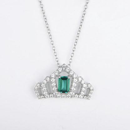 Women's Sterling Silver Necklace with Square Emerald Gem Crown Pendants