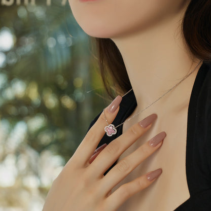 Women's Clover Pendant Necklace, D‑Shape Pink Sapphire, S925 with White Gold Plating