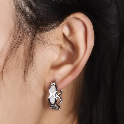 Women's Double Marquise Blue & White Opal Figure 8 Hollow Huggie Earrings, White Gold Plating