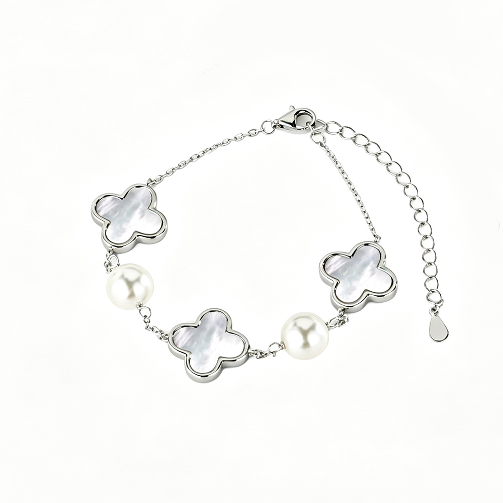 Women's Adjustable Bracelet, White Pearl With White Shell Clover Inlay, S925 with White Gold Plating