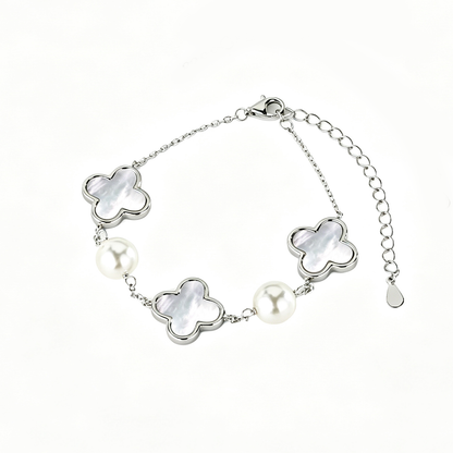 Women's Adjustable Bracelet, White Pearl With White Shell Clover Inlay, S925 with White Gold Plating