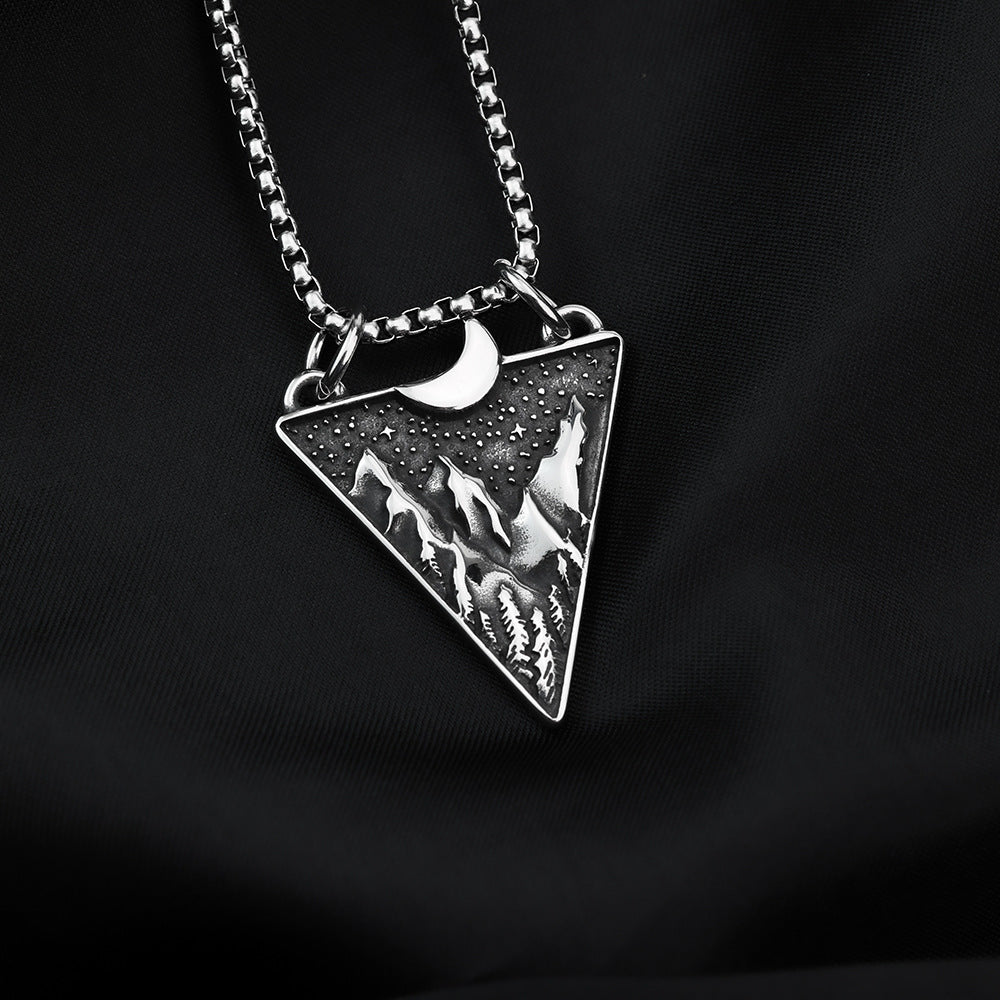 Mens Steel Triangle Mountain Moon Star Pendant Necklace
