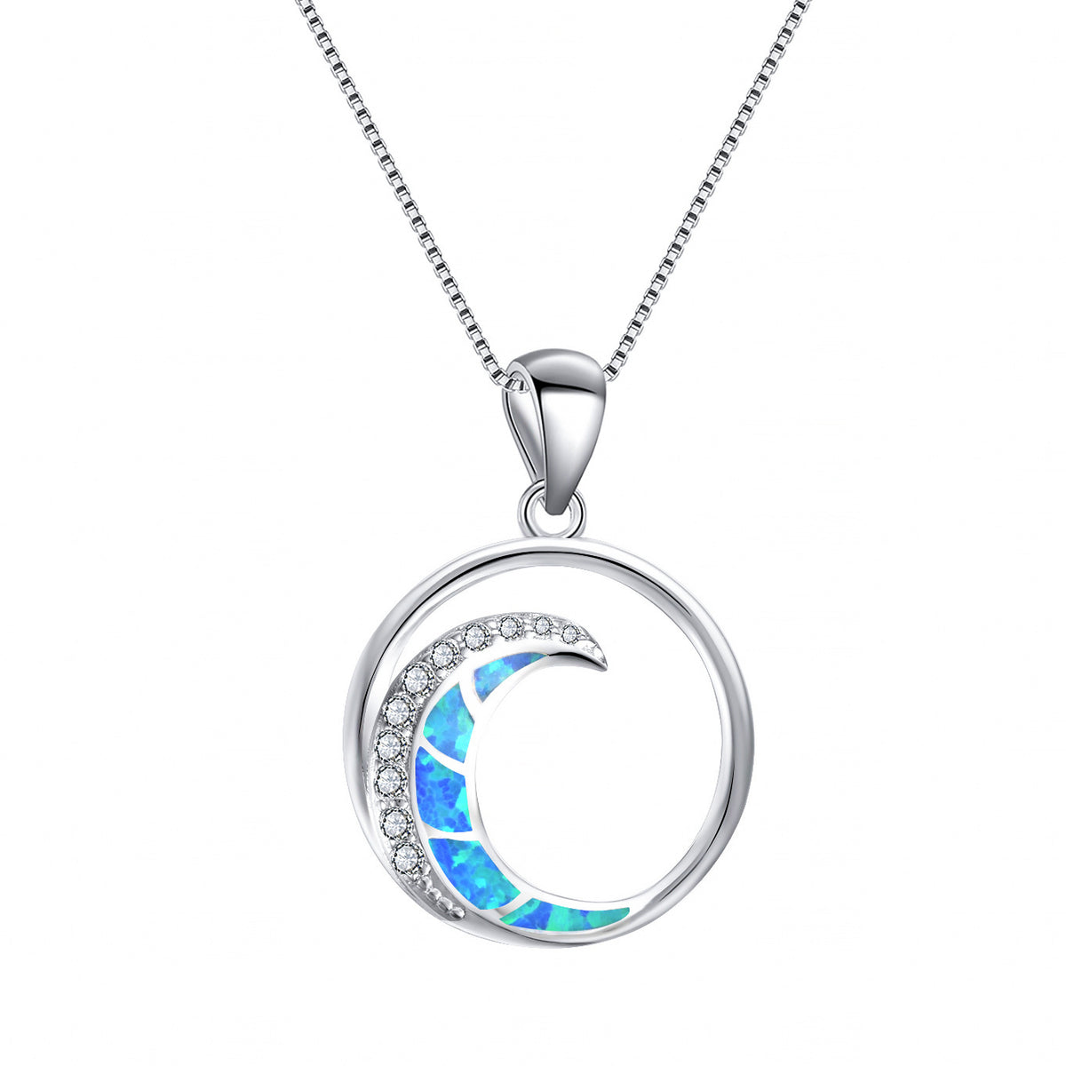 925 Silver Opal White Diamond Crescent Shaped Smooth Circle Pendant Necklace
