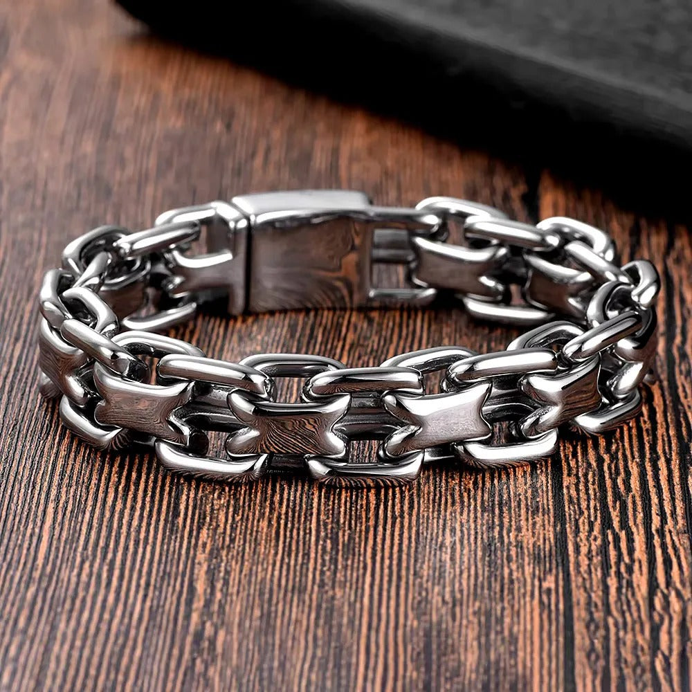 Men's Vintage Thick Double Loop Stainless Steel Open Cuff Bracelet, Punk Hip Hop Retro Fashion Adjustable Bangle Jewelry
