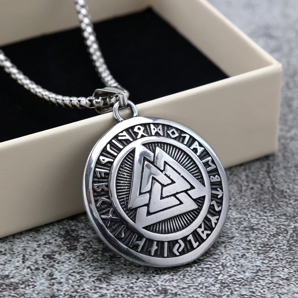 Men's Steel Viking Valknut Rune Round Tag Pendant Necklace