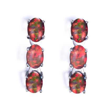Women's Three‑Oval Opal Linked Dangle Drop Earrings, with White Gold Plating