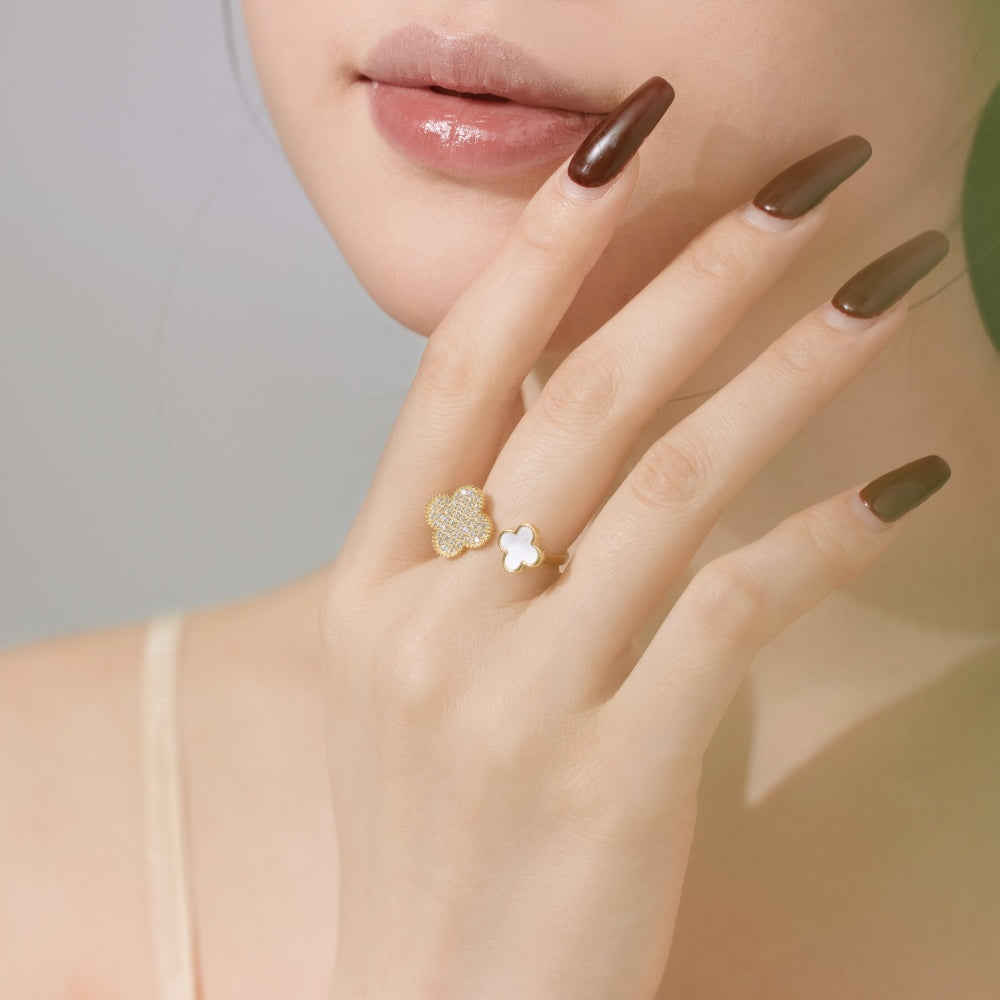 Women's Four‑Leaf Clover Ring With Round Zirconia & White shell Inlay, S925 with Gold Plating, Adjustable Ring