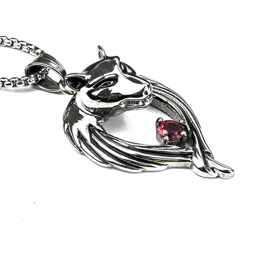 Vintage Stainless Steel Men's Wolf Head Pendant Necklace Inlaid Red Zircon