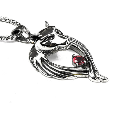 Vintage Stainless Steel Men's Wolf Head Pendant Necklace Inlaid Red Zircon