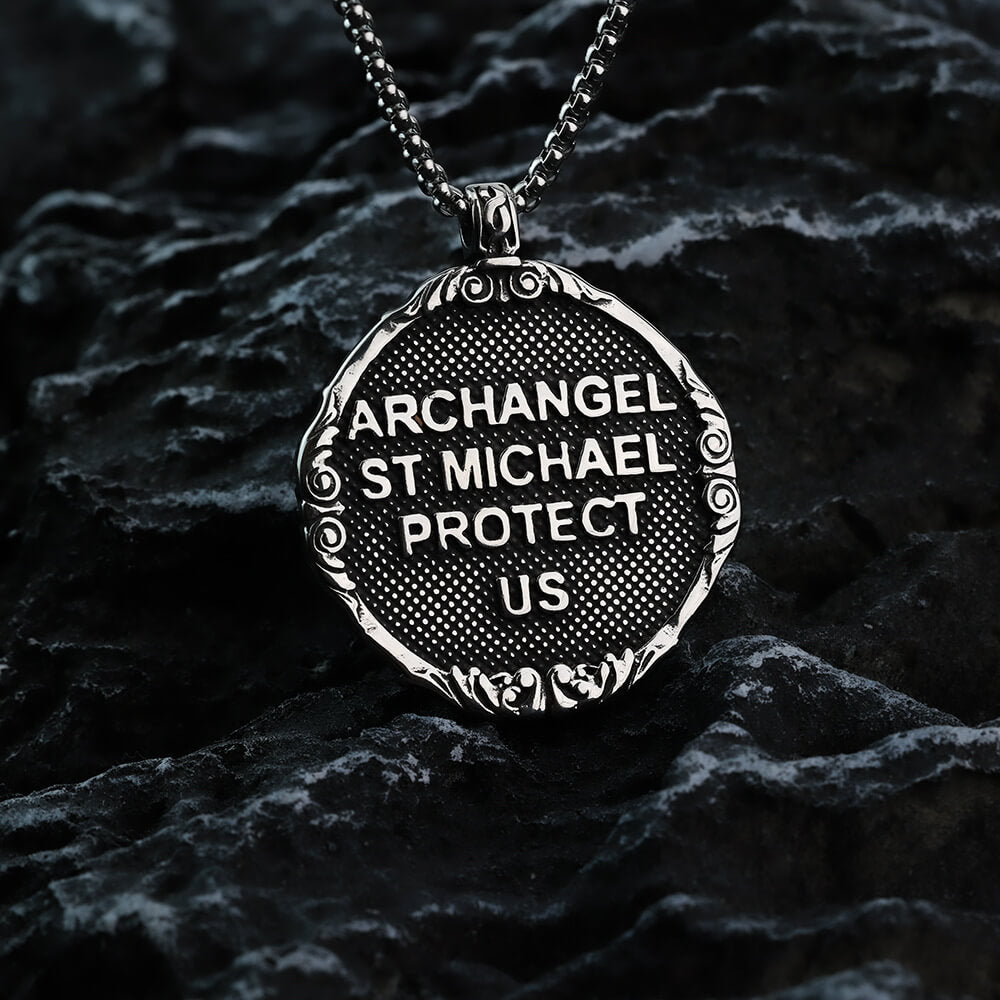 Men's Steel Vintage Archangel St Michael Double Sided Round Pendant Necklace