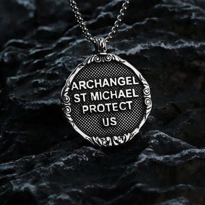 Men's Steel Vintage Archangel St Michael Double Sided Round Pendant Necklace